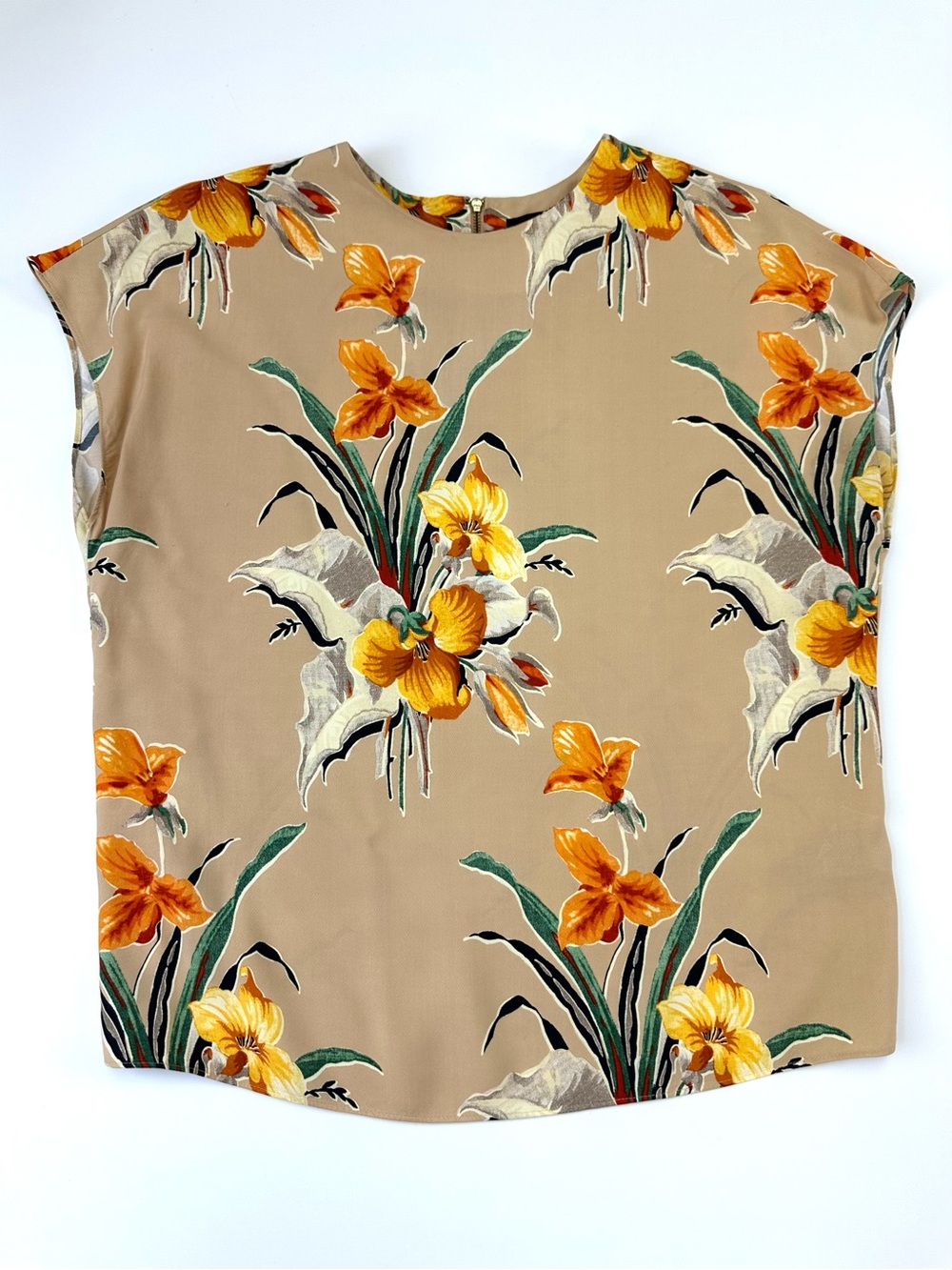 & Other Stories Floral Blouse Size 0 Beige Tropical Print Viscose Back Zip